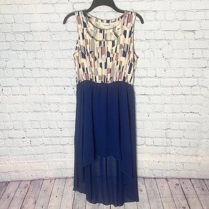 Pretty Good High-Low Dress – Navy Blue, Pink & Cream Flowy Midi w/Scrunch Waist
